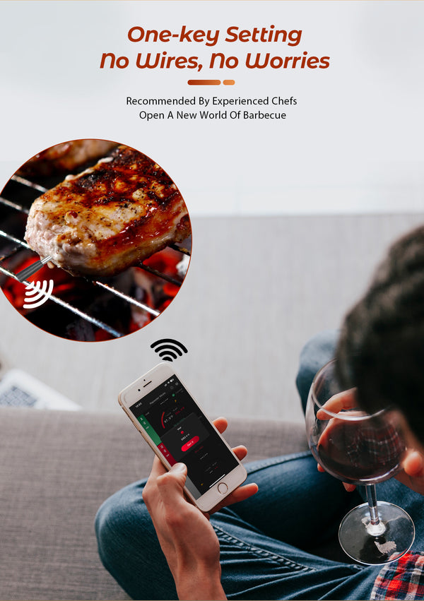 Термометър за готвене и пържене - WIFI с APP за пържене - Ретранслатор осигурява голямо разстояние между мобилния телефон - Фурна, скара или тиган.