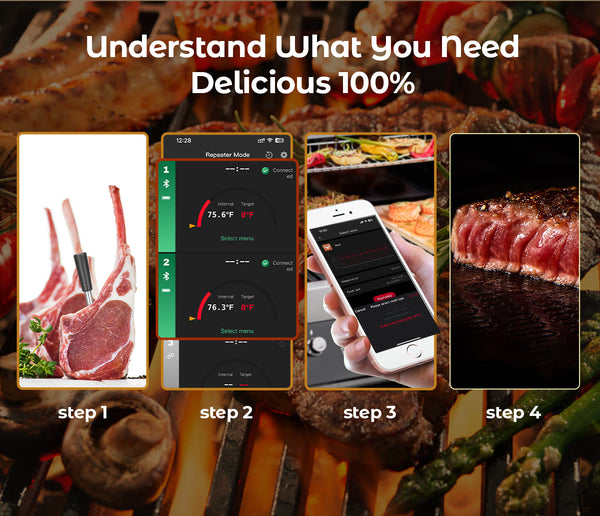 Cooking and frying thermometer - WIFI with frying APP - Repeater ensures long distance to the mobile - Oven, grill or pan.