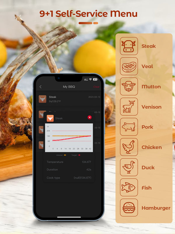 Kachen a Fritten Thermometer - WIFI mat Fritten APP - Repeater suergt fir laang Distanz zum Handy - Uewen, Grill oder Pan.