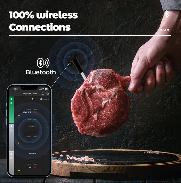 Kachen a Fritten Thermometer - WIFI mat Fritten APP - Repeater suergt fir laang Distanz zum Handy - Uewen, Grill oder Pan.