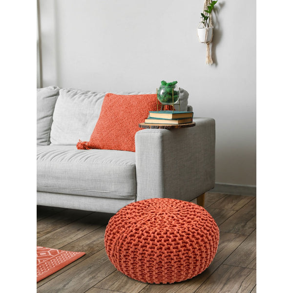 Pouf mit Durchmesser 55 cm (Orangerot) - Strickhocker/Bodenkissen - Grobstrickoptik extra hoch Höhe 37 cm