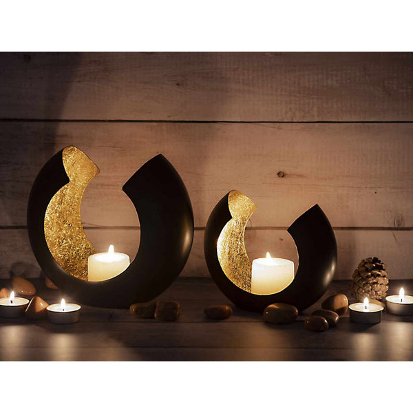 Conjunto de castiçais porta-velas em 2 partes. Castiçal Omega preto mate e dourado por dentro