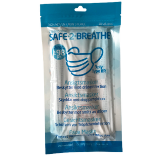 Safe2Breathe - Masky - Pleťové masky - 3 vrstvy typ IIR - Označení CE - Balení 10 ks